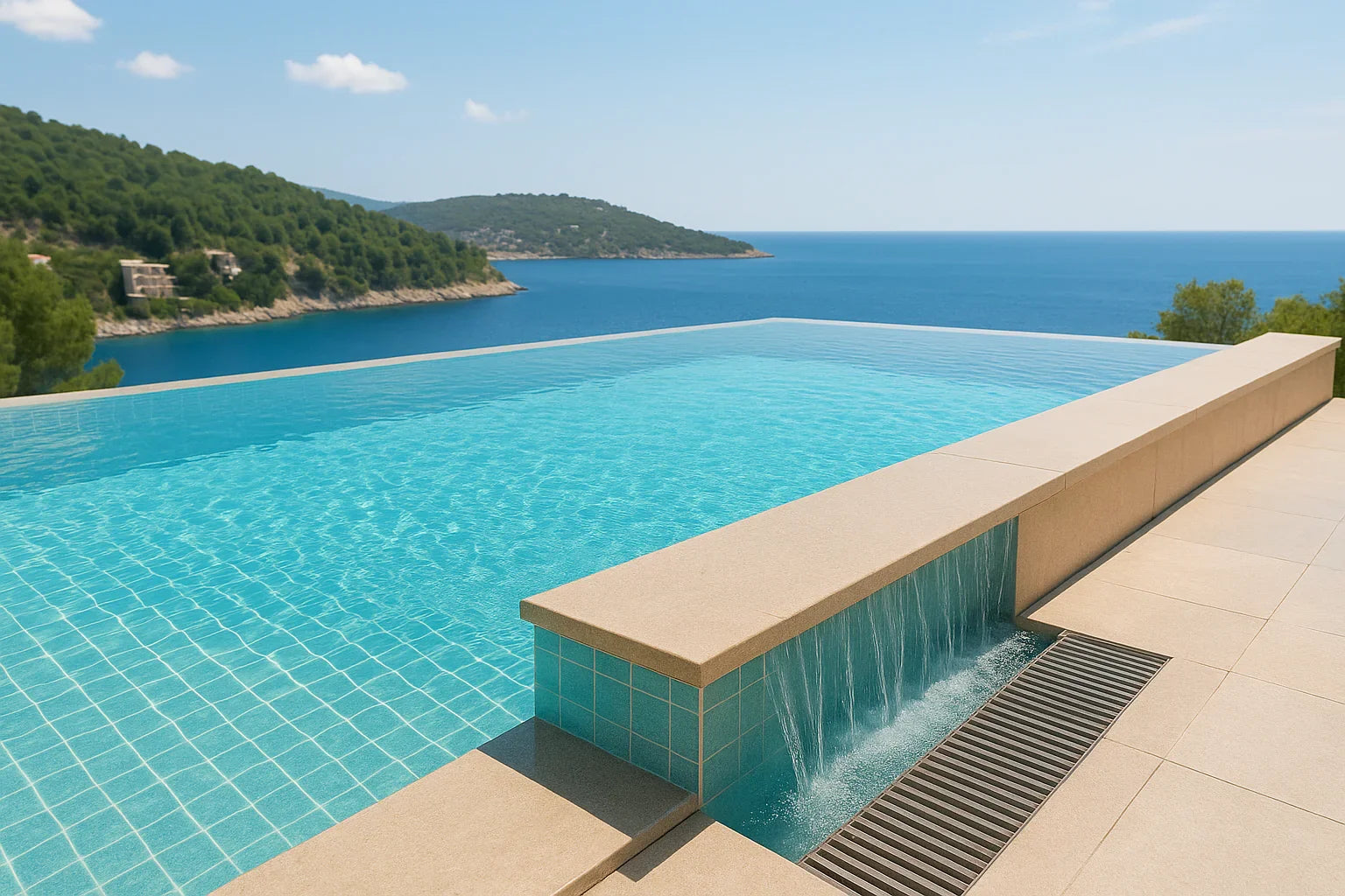 Deniz manzaralı sonsuzluk havuzu, şelale efektli modern açık yüzme havuzu