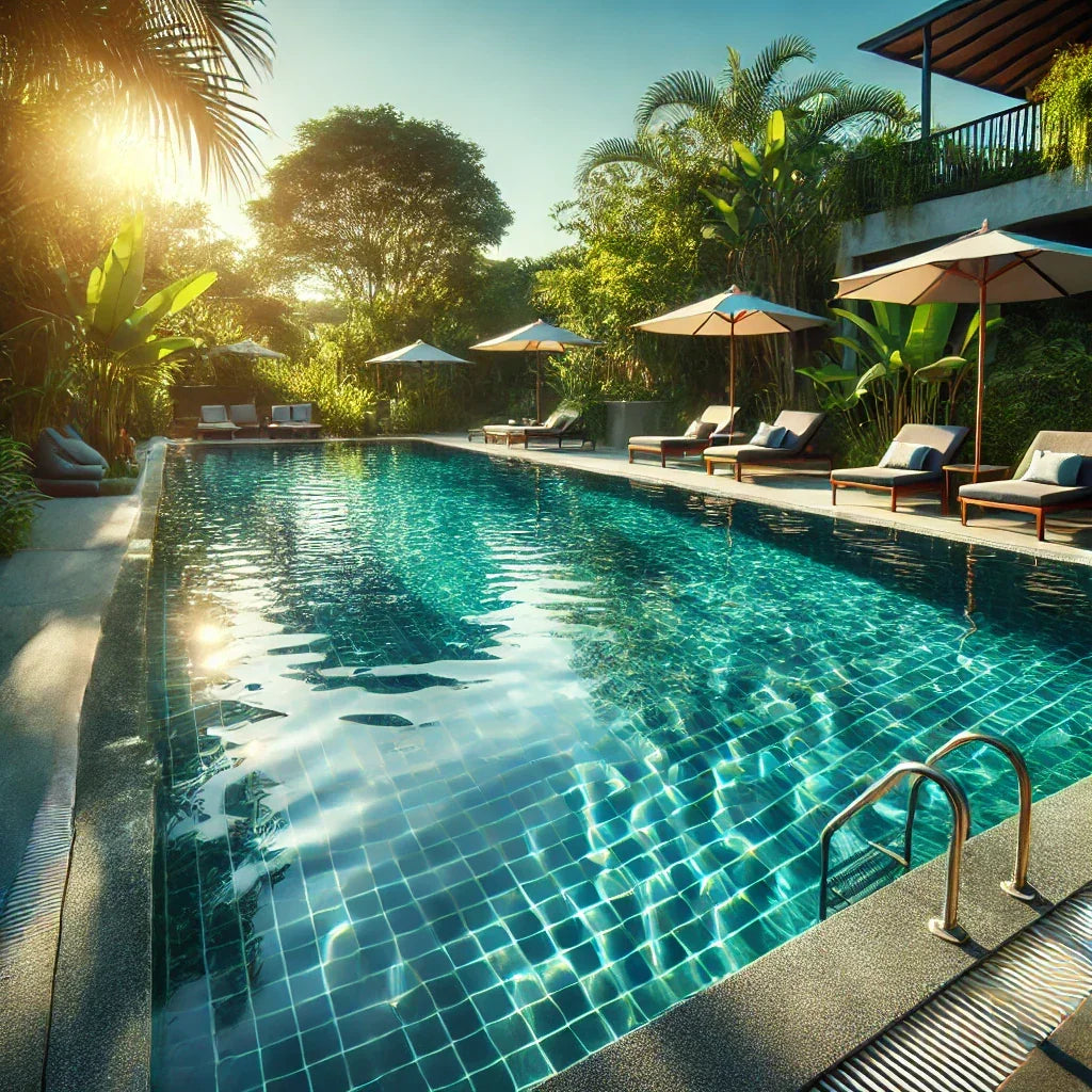 Güneşli havuz kenarında şezlonglar, beyaz şemsiyeler ve tropikal bitkilerle lüks açık yüzme havuzu