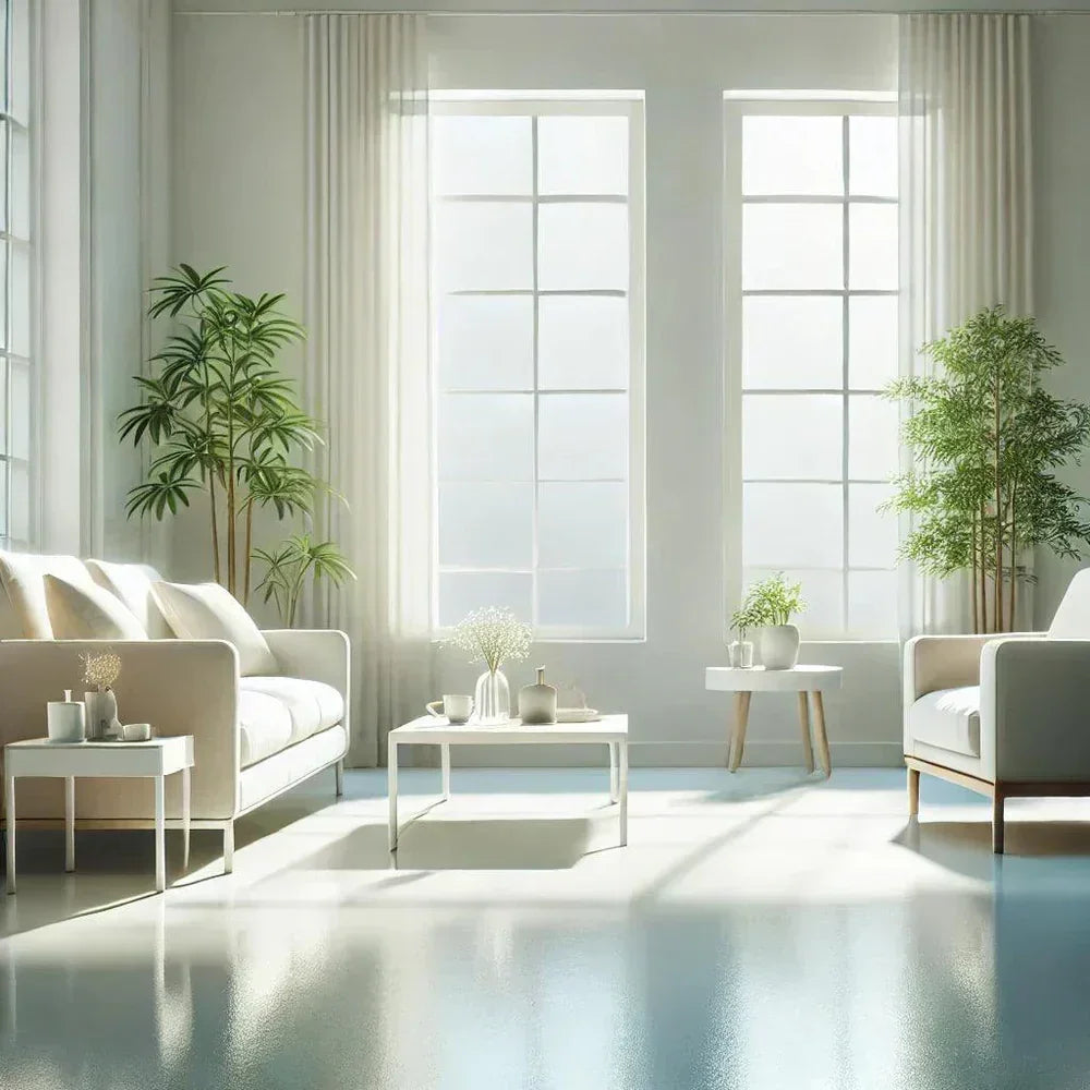 Modern beyaz koltuklar, büyük pencereler ve yeşil bitkilerle aydınlık minimal oturma odası