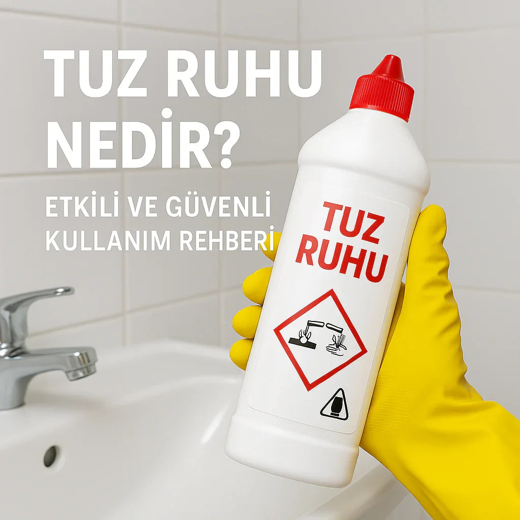 Sarı eldivenli el, beyaz lavabo önünde tuz ruhu şişesini tutuyor, etkili ve güvenli kullanım rehberi yazısı