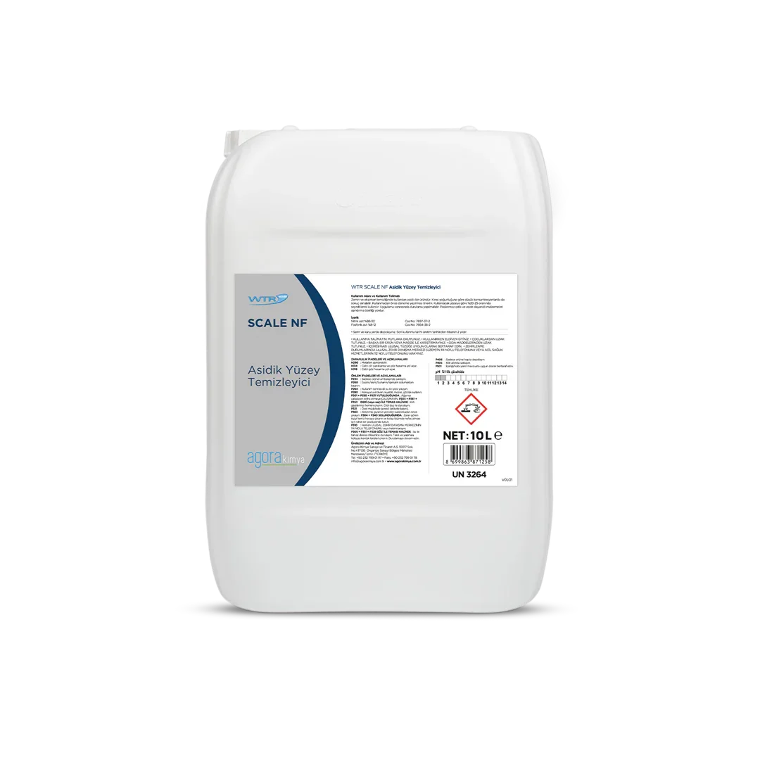 10-liter white container of SCALE NF acid surface cleaner by Agora Kimya with product label