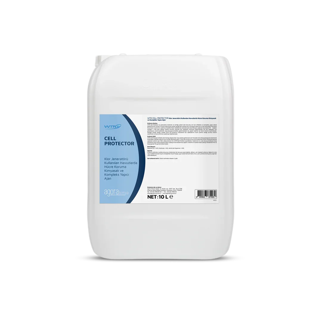 White 10-liter container of WTR Cell Protector chemical for cell protection in pool chlorine generators