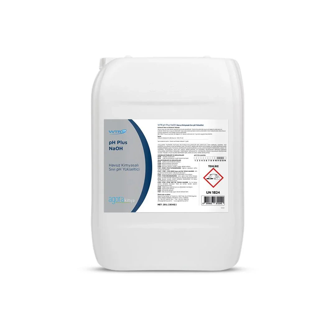 20L container of WTR pH Plus NaOH pool chemical pH increaser with safety label