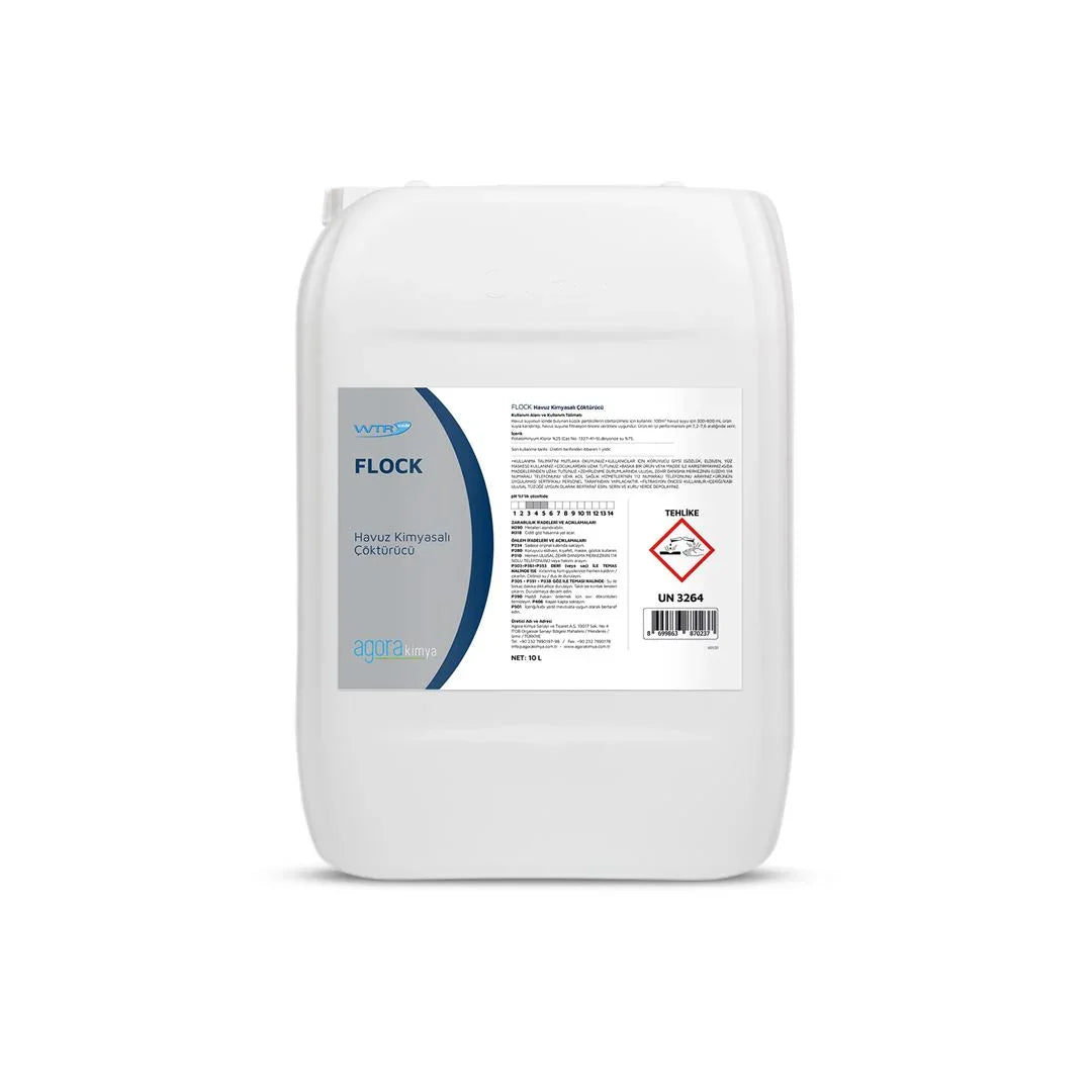 White 10L chemical container labeled WTR Flock pool chemical coagulant with hazard warning