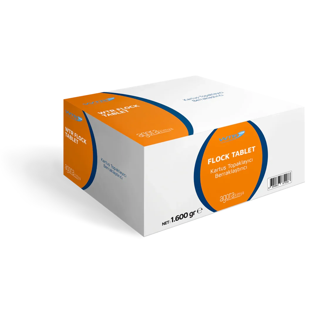 White and orange box of WTR Flock Tablet with 1,600 grams net weight, cleaning chemical product