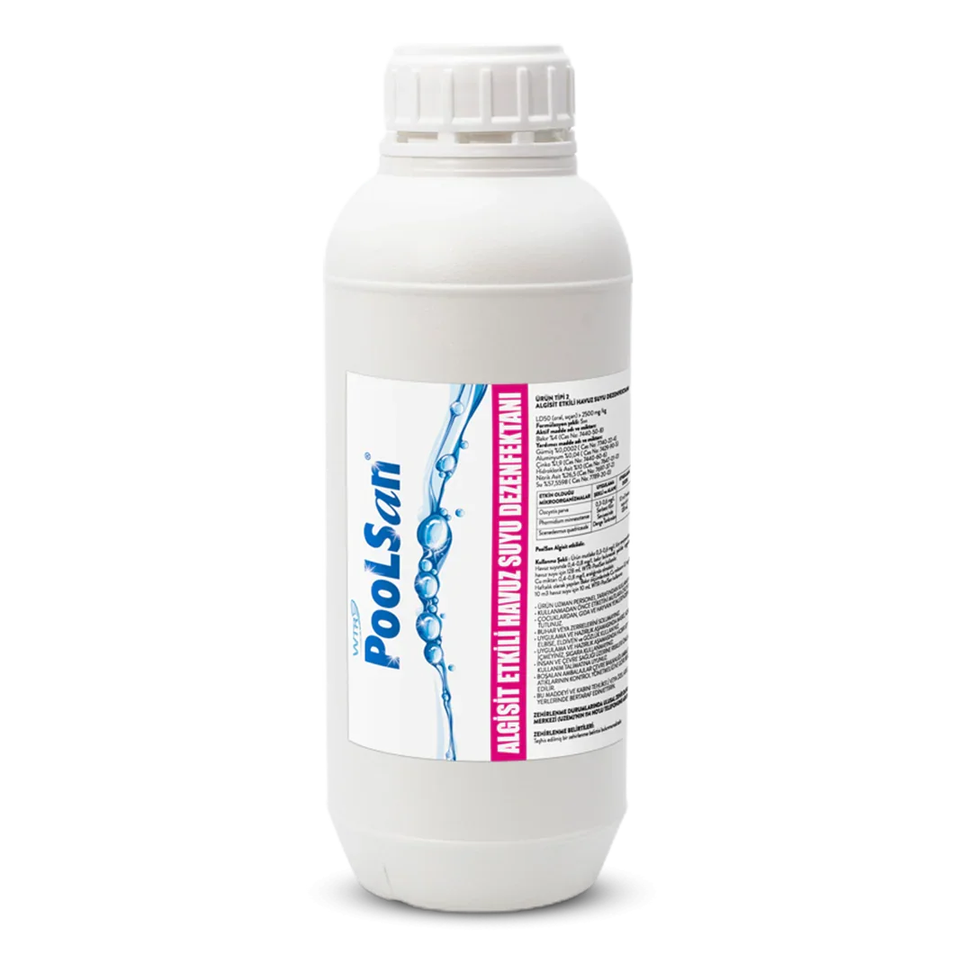 White plastic bottle of PoolSan algaecide and pool water disinfectant with water droplets graphic