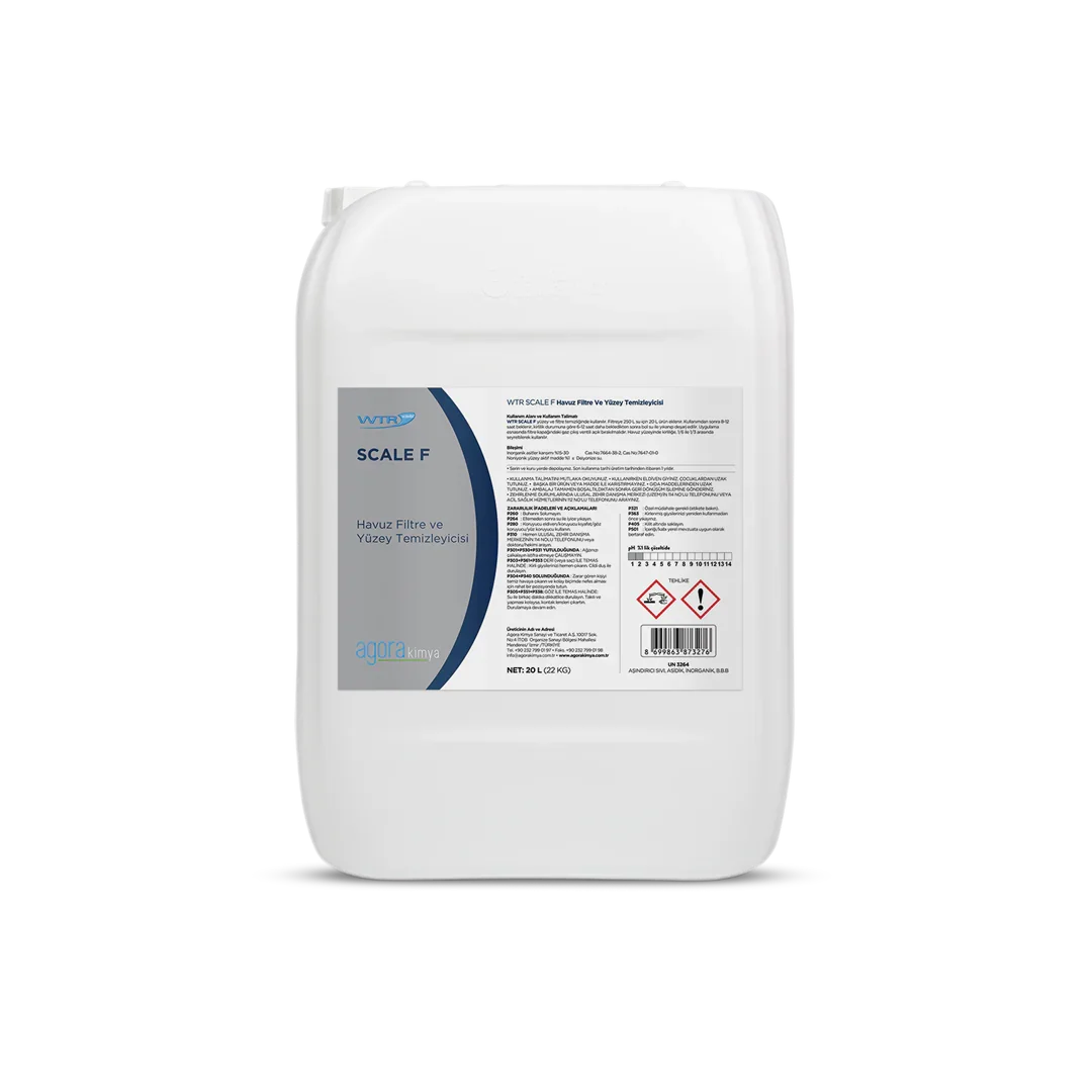 White 20L container of WTR Scale F pool filter and surface cleaner with product label