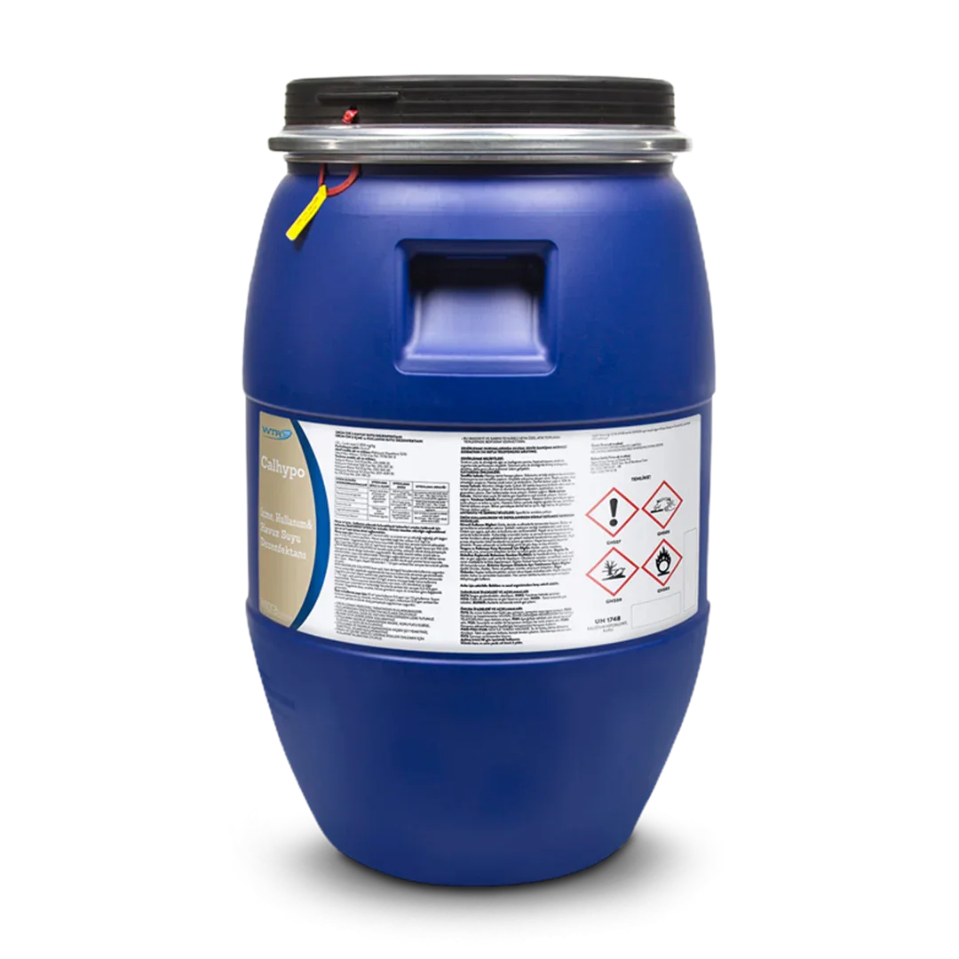 Blue industrial drum of Calhypo chlorine powder with hazard warning labels and black lid