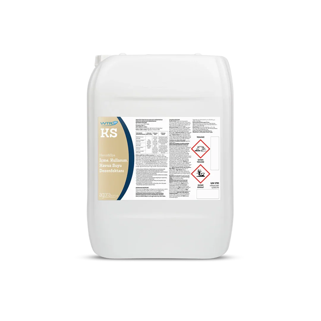 White 25 kg container of WTR KS liquid chlorine pool and spa disinfectant with safety labels