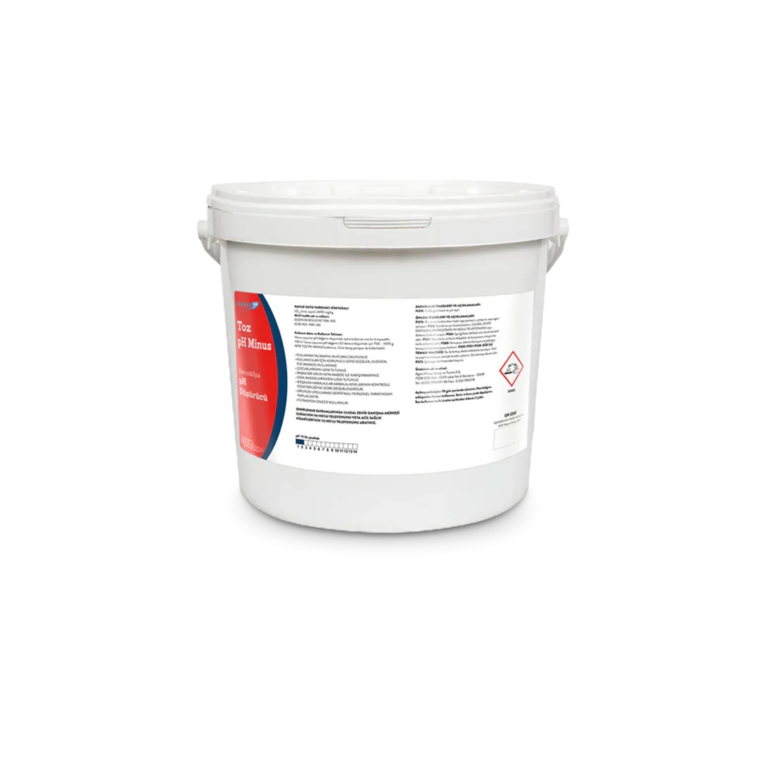 White plastic bucket of 25 kg pH Minus powder with red and white label for water pH adjustment