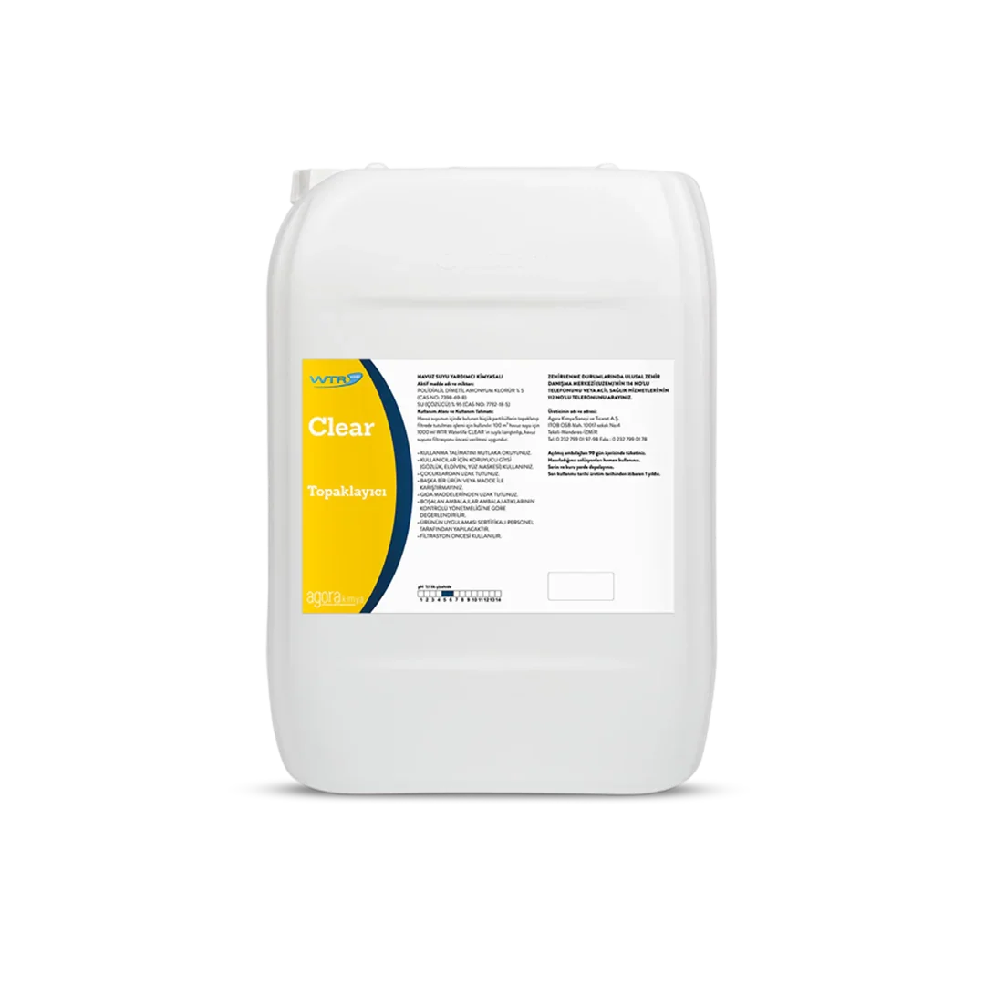 White 20L container of WTR Clear pool water clarifier with yellow and blue label