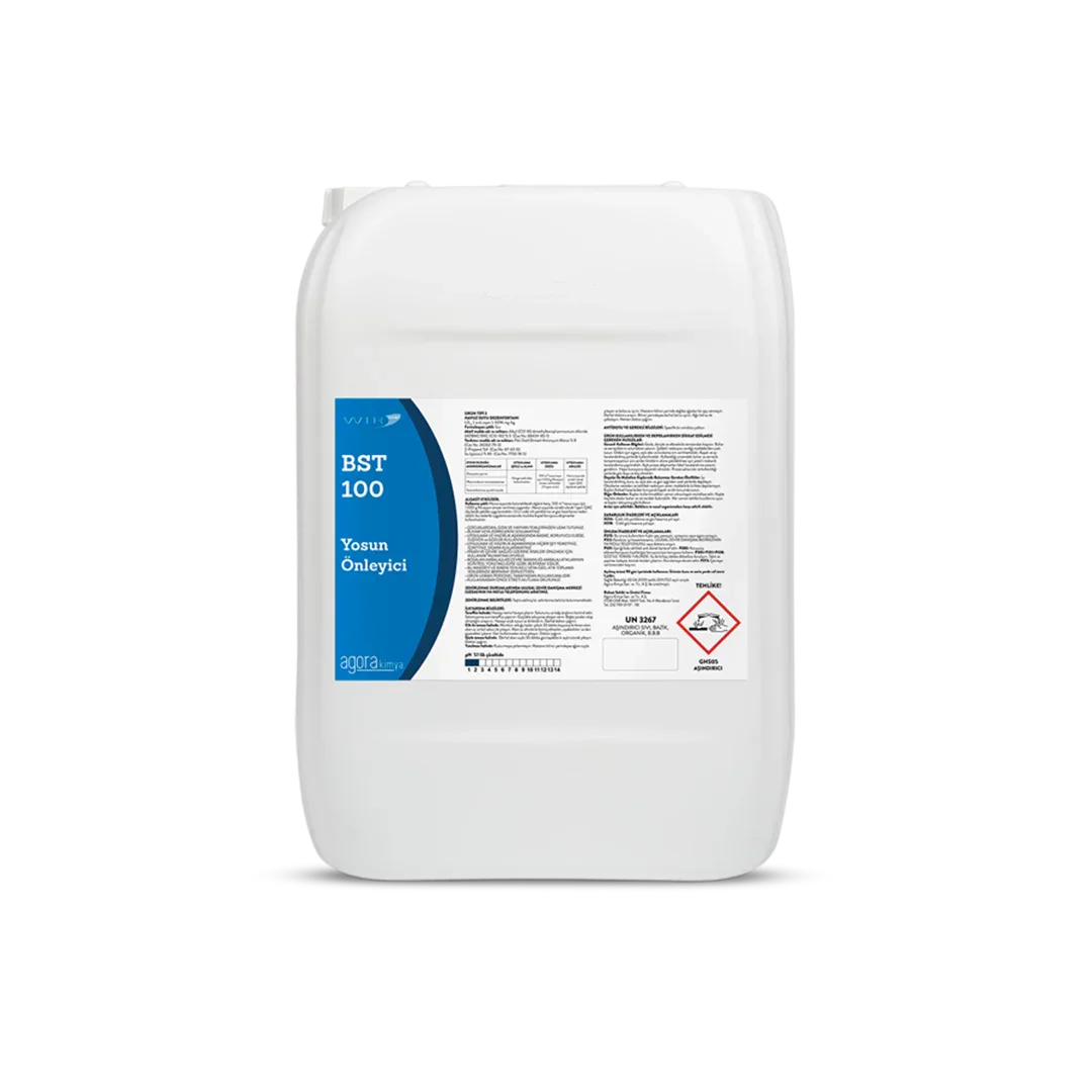 BST 100 Algae Preventive chemical container with blue label by Agora Kimya