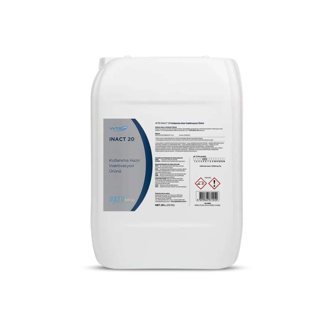 White 20L plastic chemical container labeled WTR INACT 20 with blue and gray branding