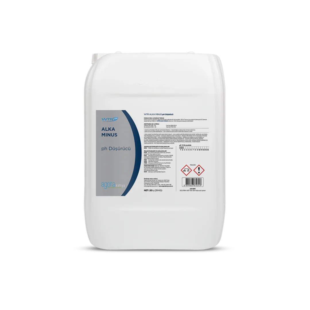 White 20L container of WTR ALKA MINUS pH reducer chemical with blue and gray label