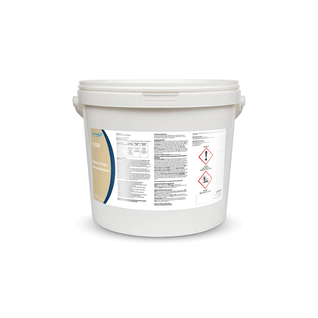 White 10 kg plastic bucket of WTR 56% pool water disinfectant powder with hazard symbols