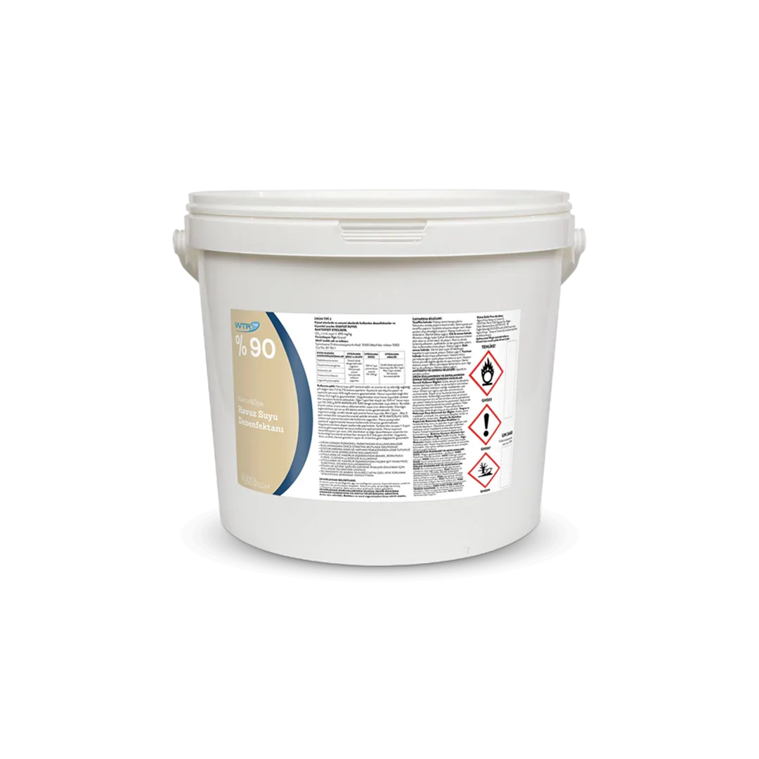 White 10 kg plastic bucket of 90% granular pool water disinfectant with detailed label and hazard symbols