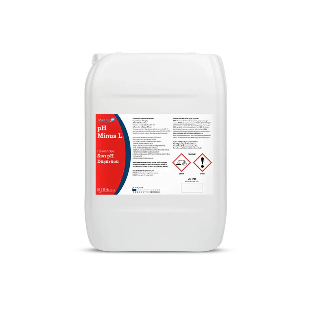 25 kg white plastic container of WTR pH Minus L liquid for pool and spa water pH reduction