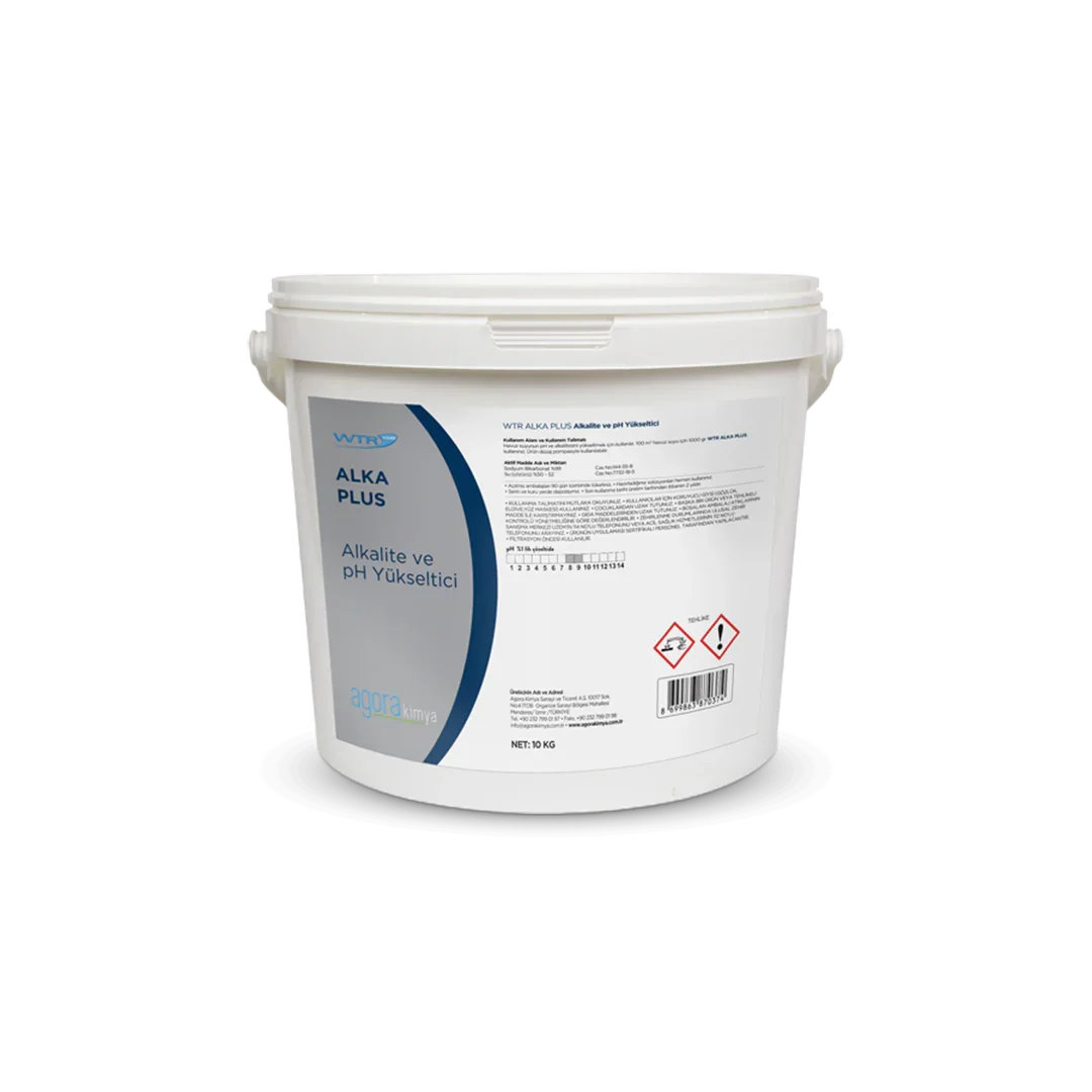 White 10 kg container of WTR Alka Plus alkalinity and pH increaser chemical