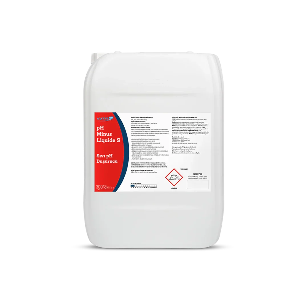 White 25 kg container of pH Minus Liquid S pH reducer by Agora Kimya with red and blue label