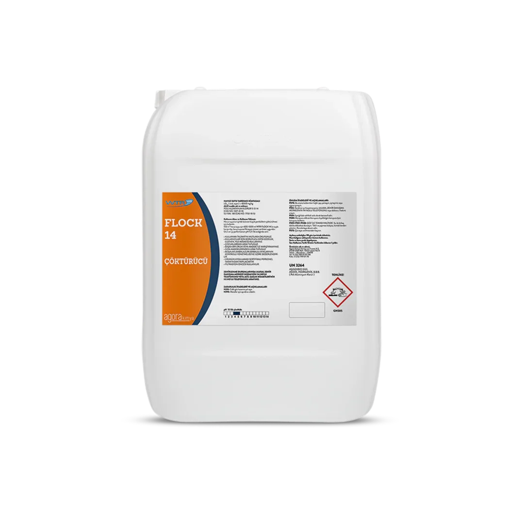 White plastic container of WTR Flock 14 chemical coagulant with orange label and hazard symbol