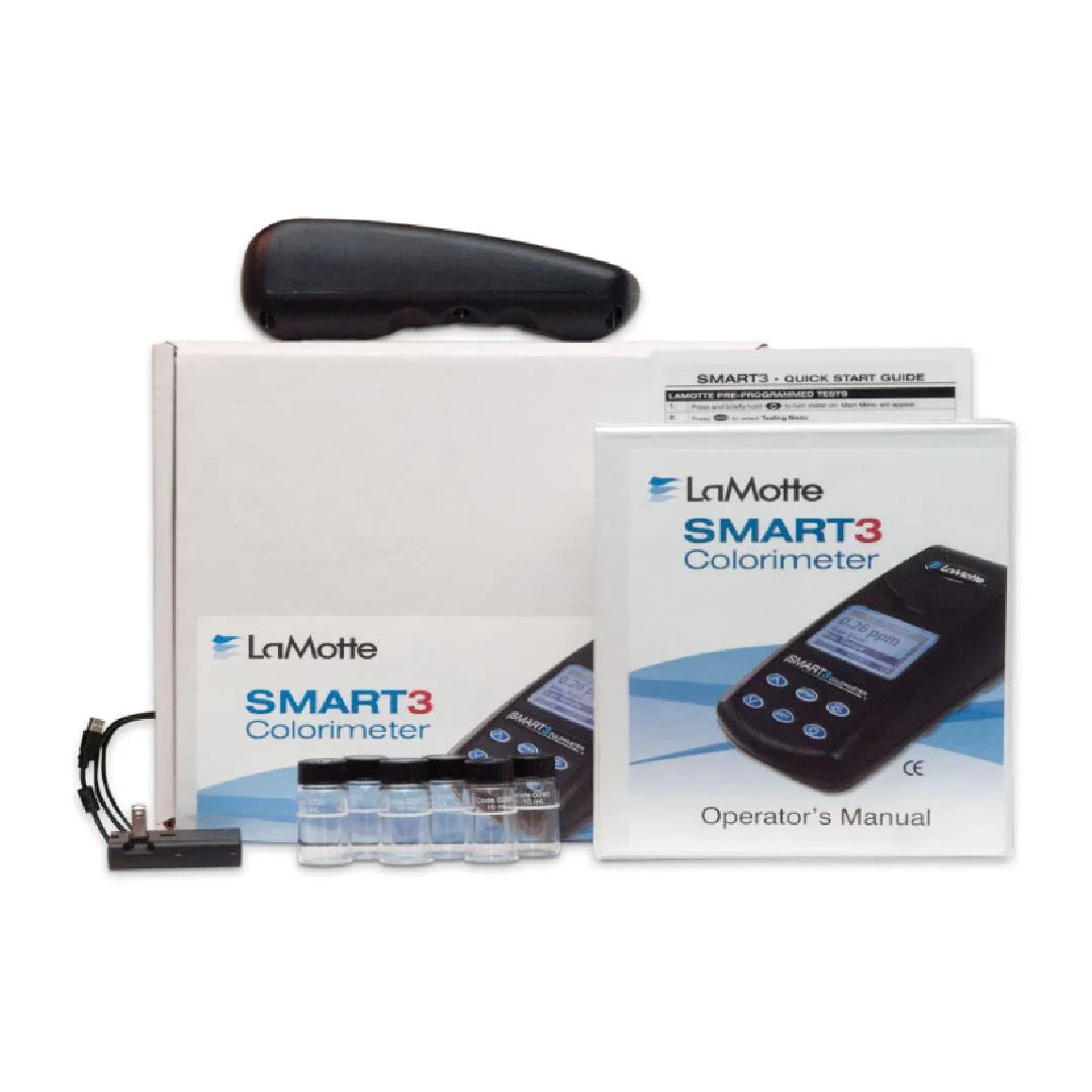 LaMotte SMART3 kolormetre cihazı, kılavuzu, örnek şişeleri ve bağlantı kablosu ile set