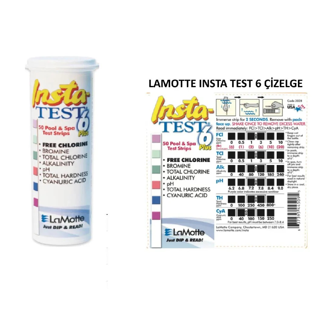 LaMotte Insta-Test 6 pool ve spa test şeritleri kutusu ve kullanım kılavuzu renk ölçüm tablosu