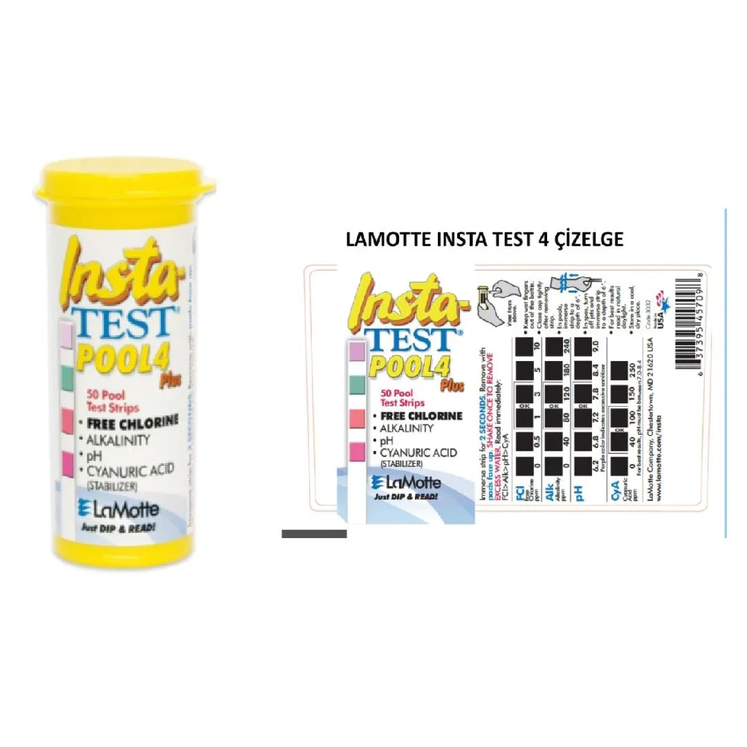LaMotte Insta-Test 4 havuz testi şeritleri kutusu ve renk skalası, klorin, alkalinite, pH, sitrik asit ölçümü