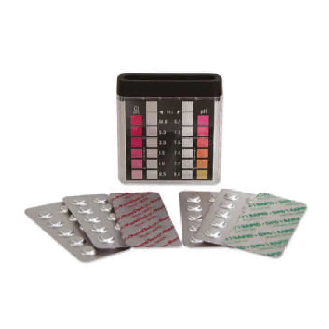 LaMotte FCL pH test kit with color chart and multiple reagent tablets in blister packs