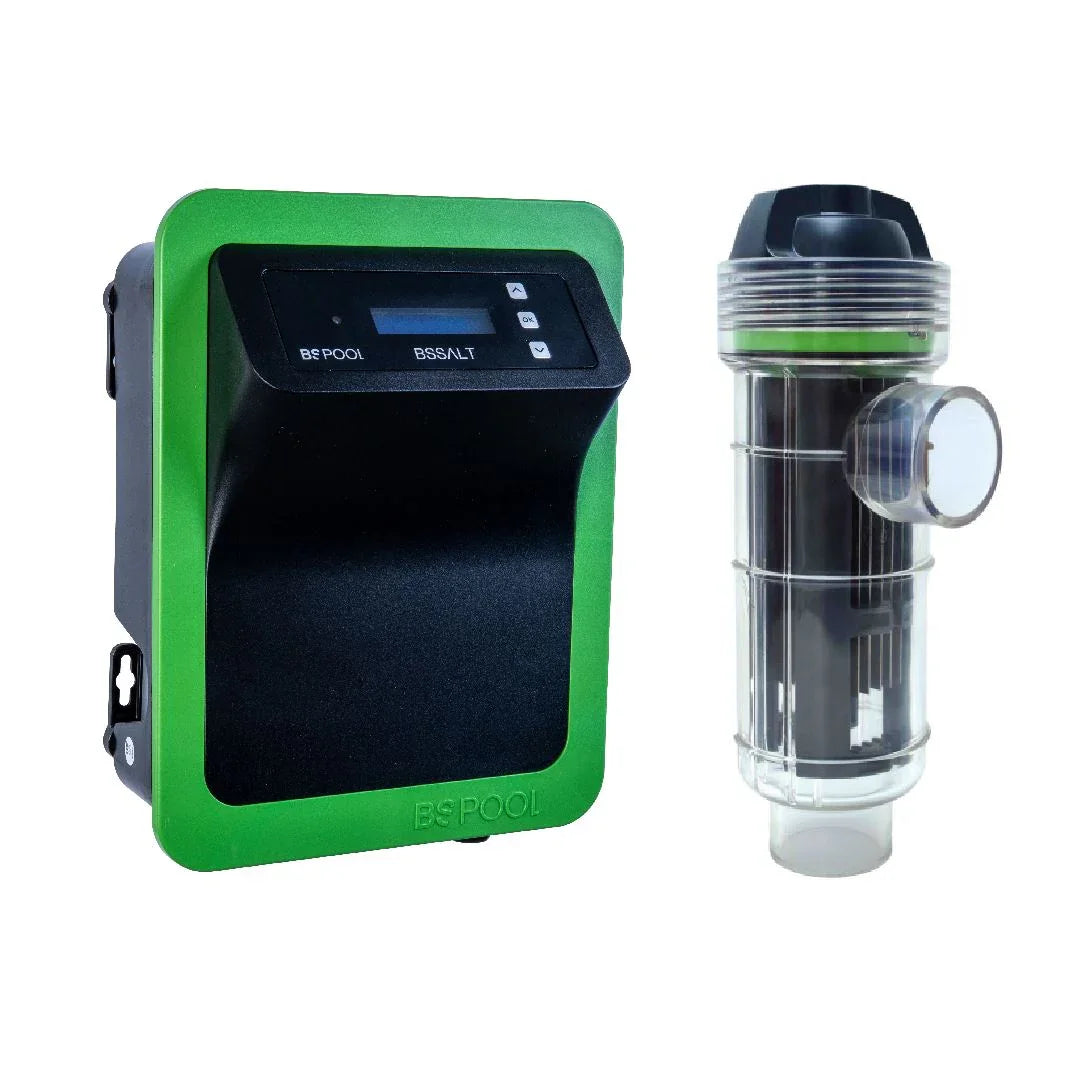 Yeşil çerçeveli siyah BS Pool tuzlu havuz klor jeneratörü ve şeffaf filtre ünitesi