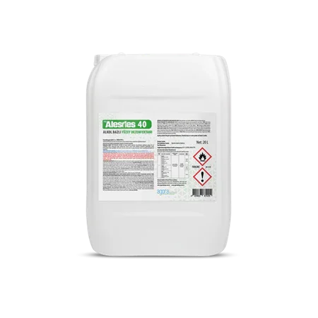 20 litre beyaz şişede Alesdes 40 alkol bazlı yüzey dezenfektanı ambalajı