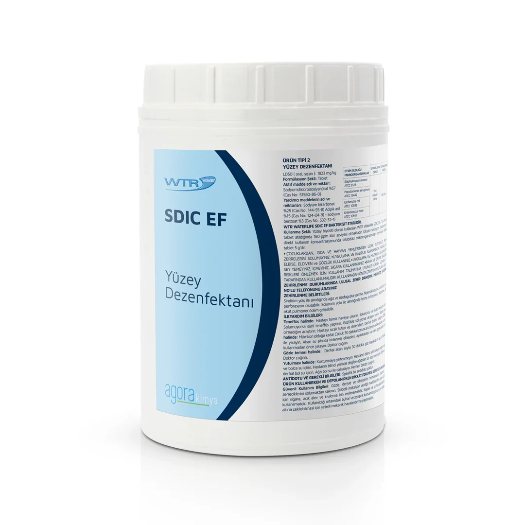 White container of SDIC EF surface disinfectant tablets by Agora Kimya, with detailed product label