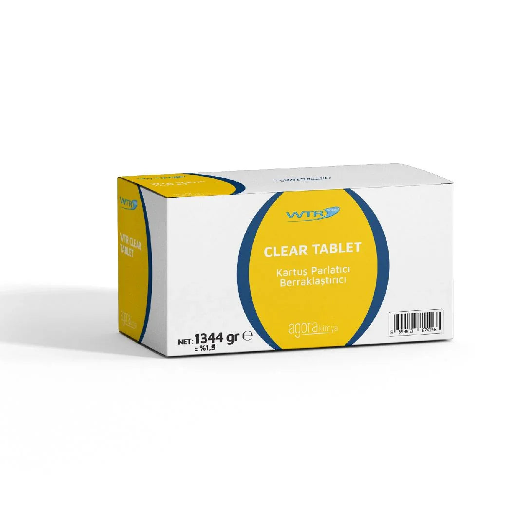 WTR Clear Tablet pool clarifier box with yellow and white design, 1344 grams