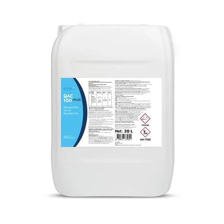 20-liter white container of QAC 100 Plus disinfectant with blue and white label