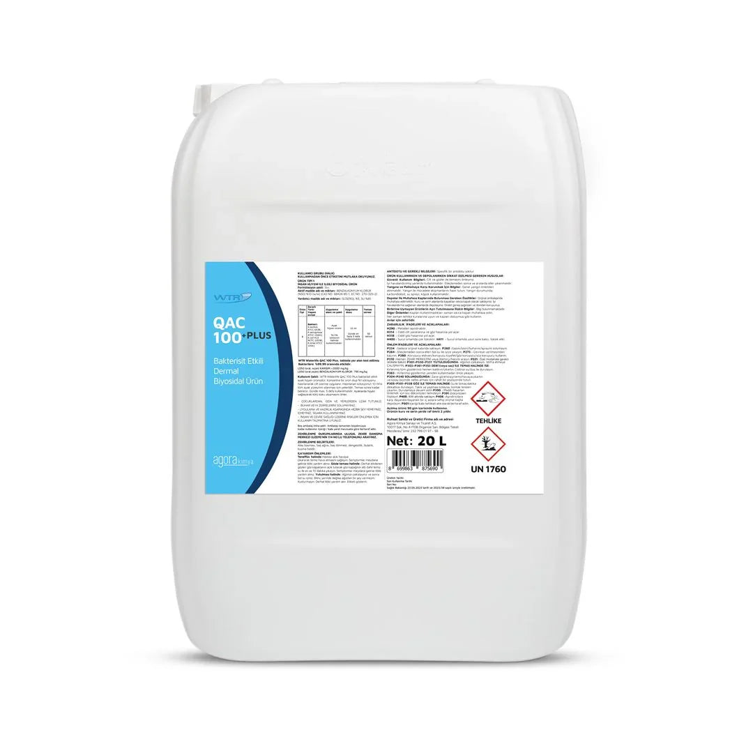 20 litre beyaz plastik bidonda WTR QAC 100 Plus bakterisit etkili biyosidal ürün