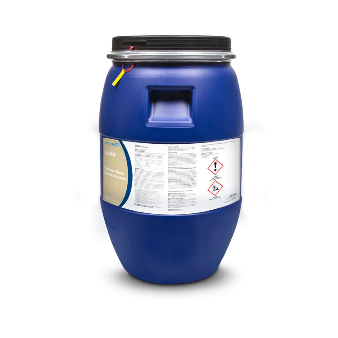 Large blue industrial plastic drum with 56% pool water disinfectant label and hazard symbols