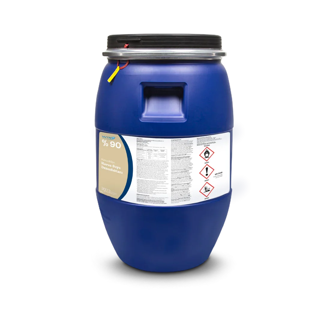 Blue 50 kg plastic drum of 90% water treatment pool disinfectant with safety hazard labels
