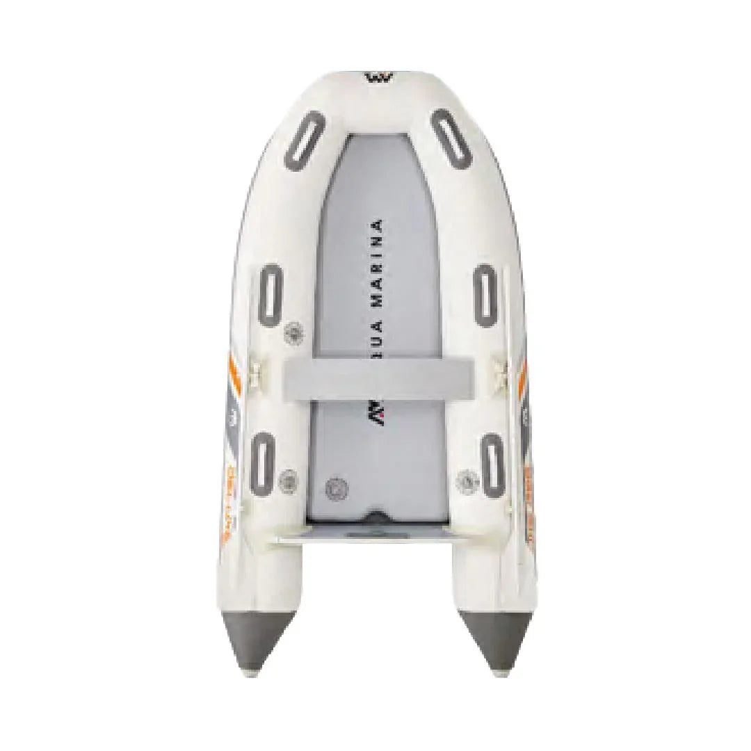 Top view of white Aqua Marina Deluxe inflatable air deck boat with gray and orange accents