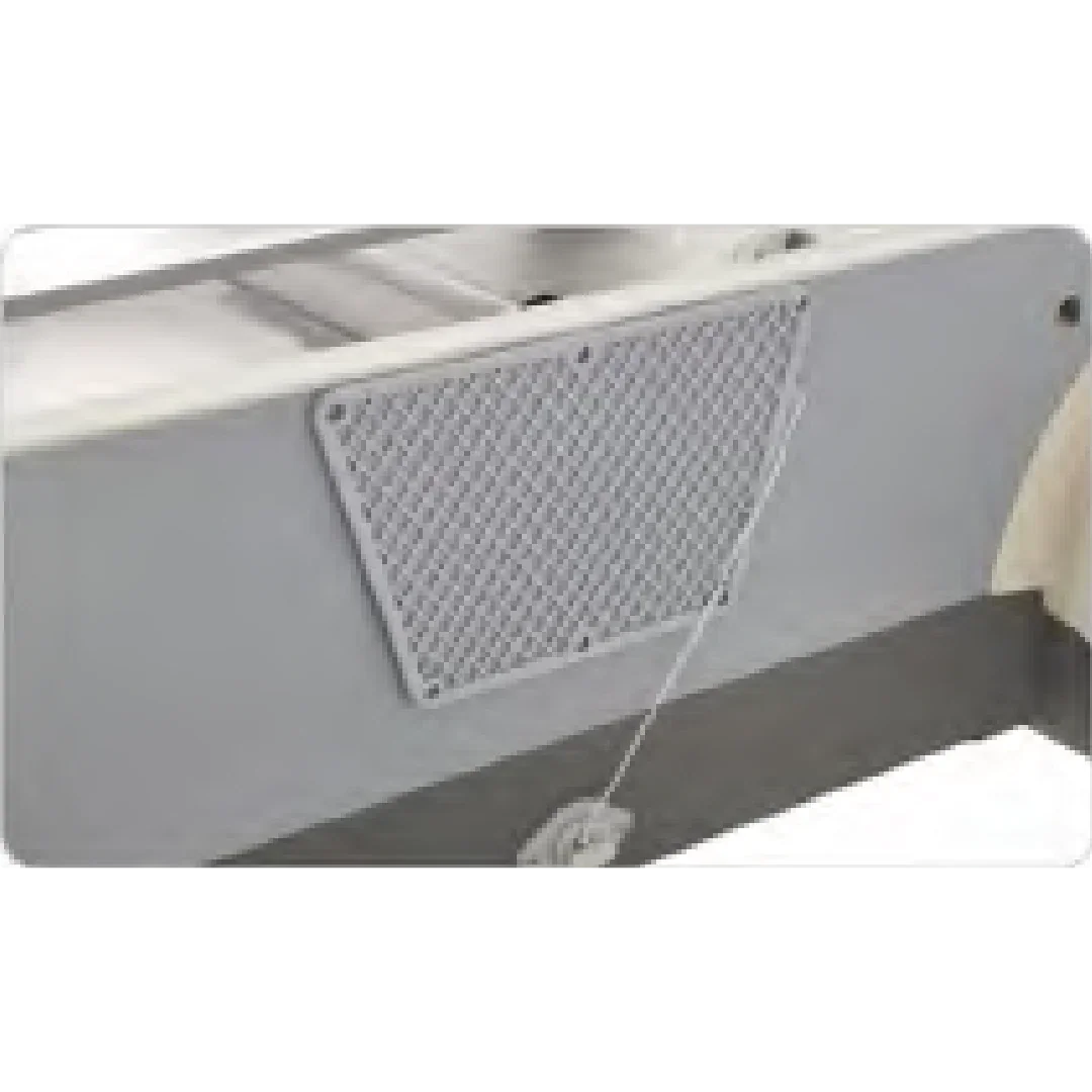 Grey inflatable boat with a textured footpad and attached rope on deck