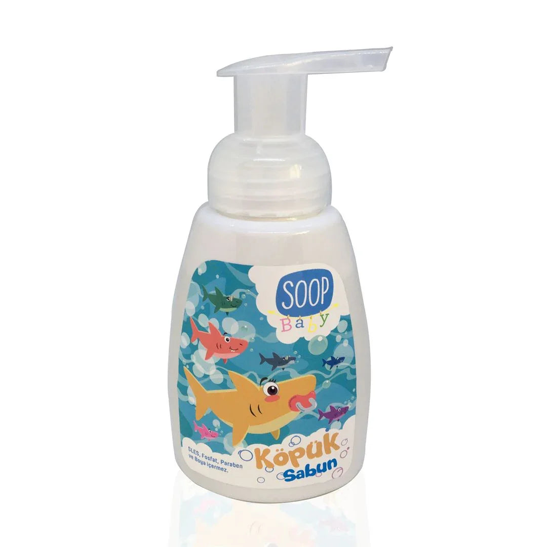 Bebek köpük sabunu şişesi, renkli köpek balığı tasarımı ve SLES, fosfat, paraben içermez etiketiyle