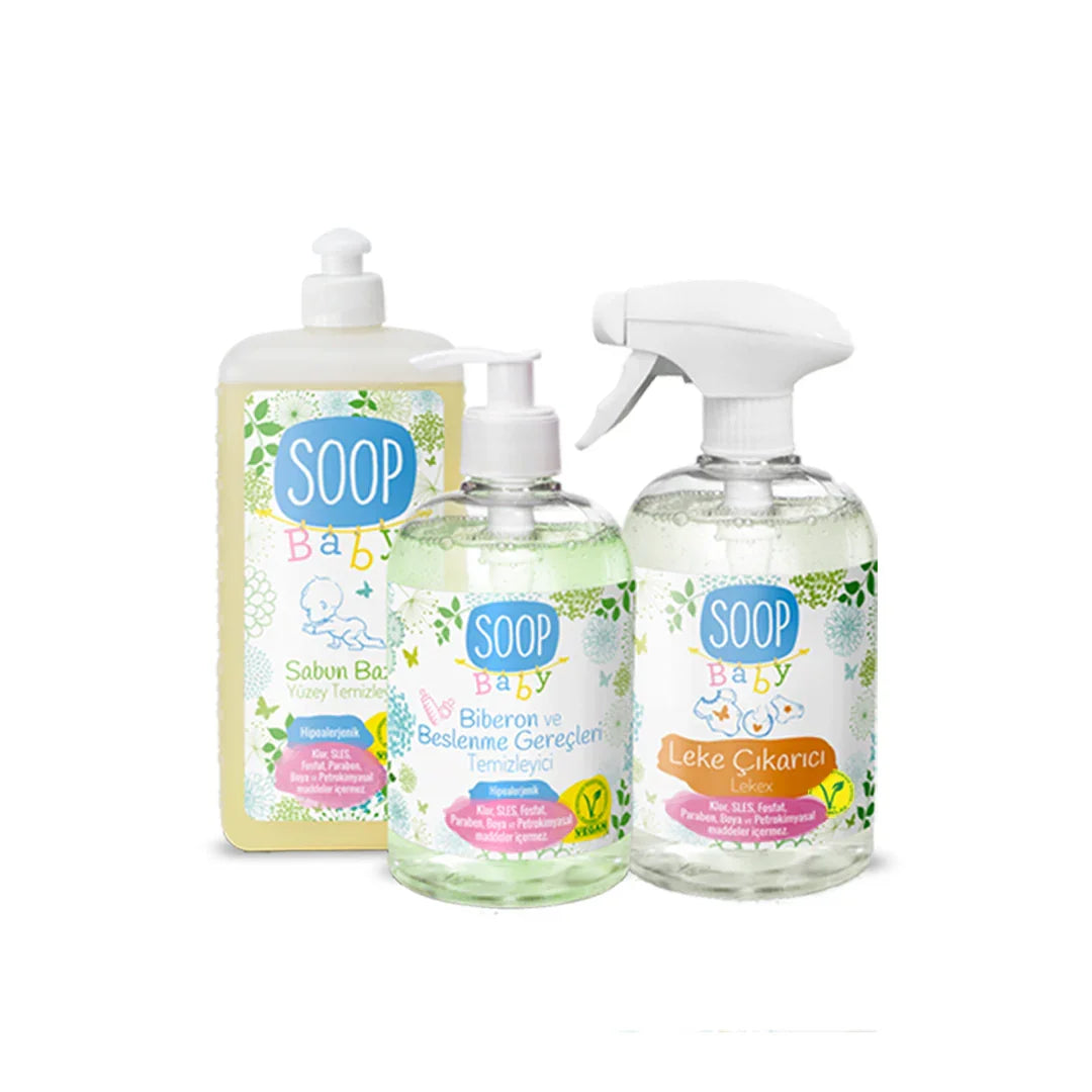 Soop Baby doğal temizlik paketi üçlü set, bebek yüzey temizleyici, biberon temizleyici ve leke çıkarıcı