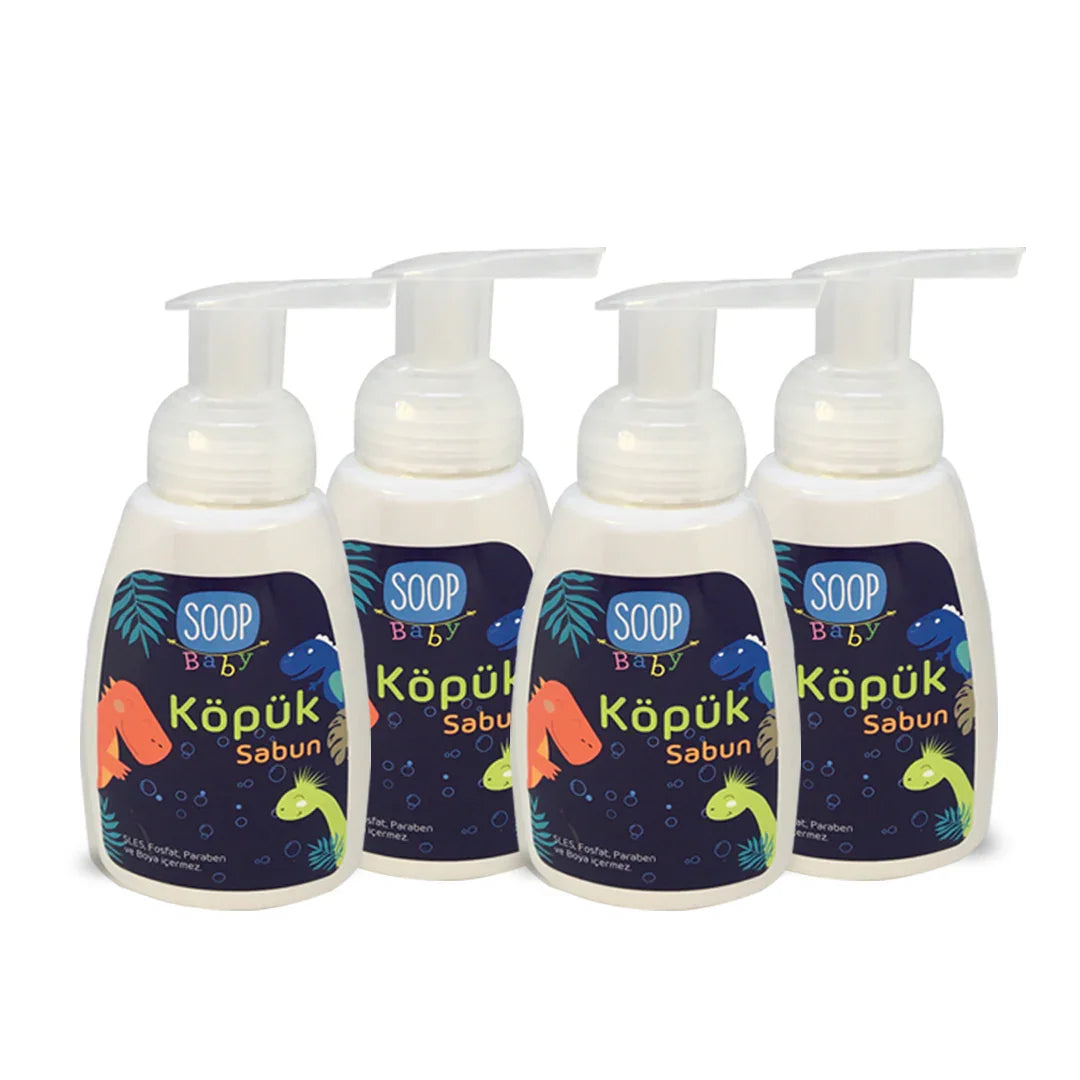 Soop Baby köpük sabun dörtlü paket sevimli dinozor figürlü beyaz pompalı şişe