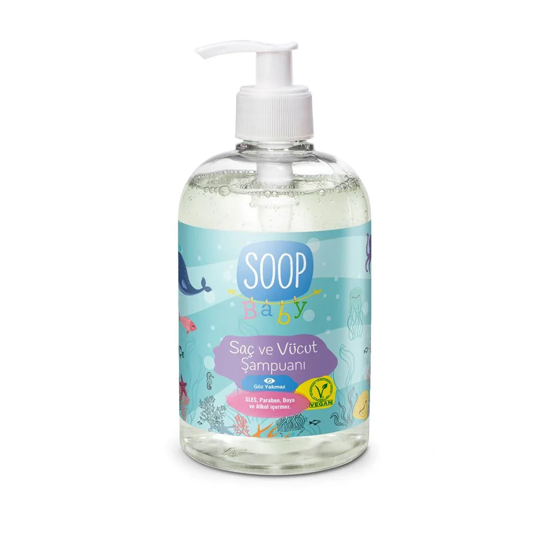 Soop Baby saç ve vücut şampuanı, vegan ve paraben, SLES, boya içermez, çocuklar için