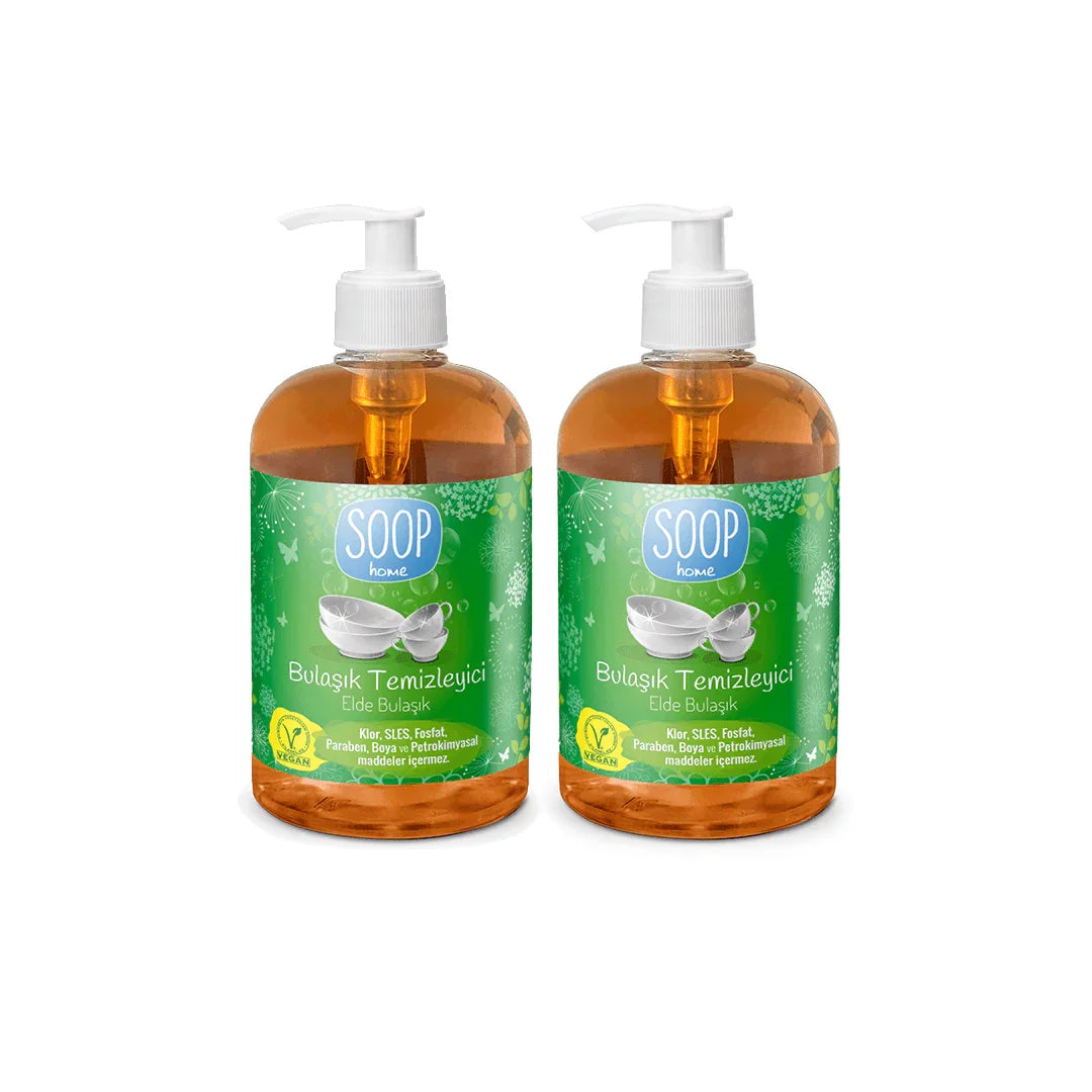 Two bottles of SOOP home vegan dishwashing liquid with green labels and white pumps