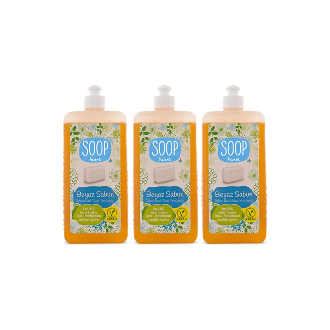 Üçlü paket Soop home beyaz sabun bazlı yüzey temizleyici şişeleri, vegan ve kimyasal içermez