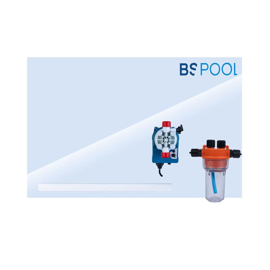 Mavi ve kırmızı renkli havuz otomatik dozaj pompası ve filtre sistemi, BS Pool logosu arka planda