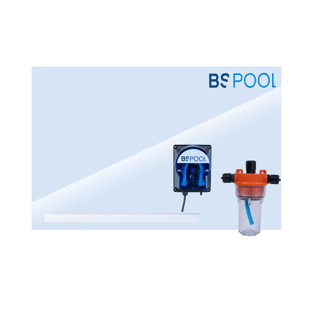 BS Pool otomatik pH kontrol sistemi, peristaltik pompa ve şeffaf filtre bileşenleri