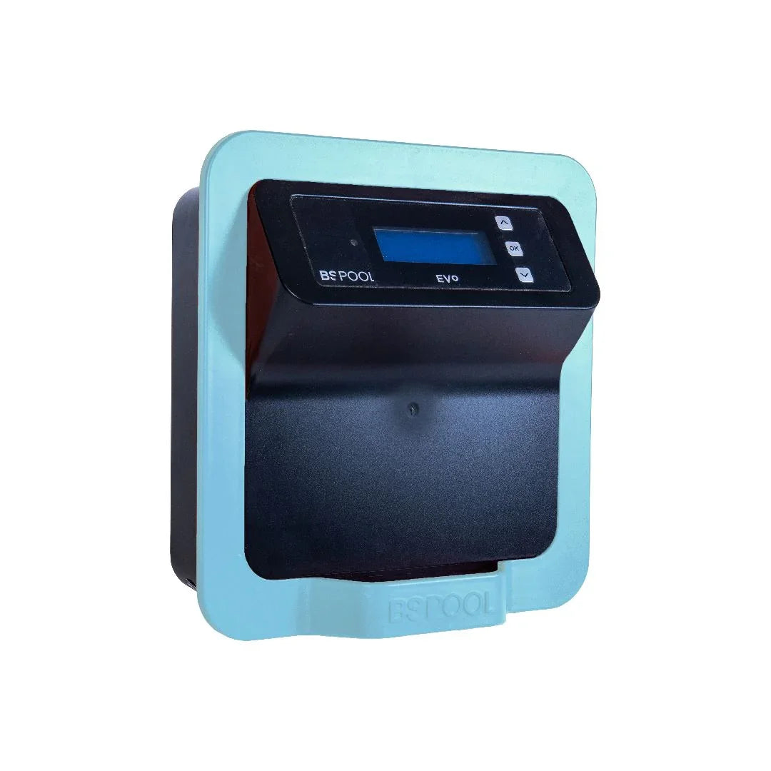 BS Pool EVO otomatik havuz ORP paneli, mavi çerçeveli siyah kontrol ünitesi