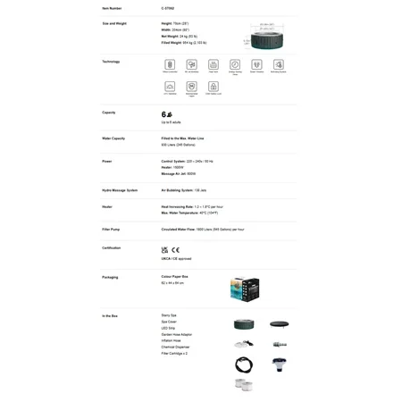 Mspa Comfort Starry 4 kişilik şişme jakuzi, yuvarlak siyah tasarım, aksesuarlar kutusunda