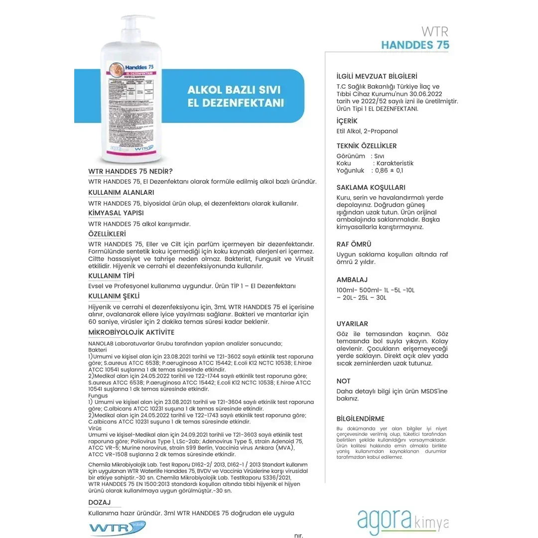 WTR Handdes 75 alkollü sıvı el dezenfektanı 1 litre pompalı şişe ve ürün bilgileri