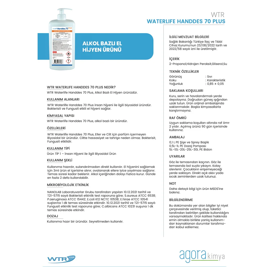 WTR Waterlife Handdes 70 Plus alcohol-based hand hygiene product with usage and safety details